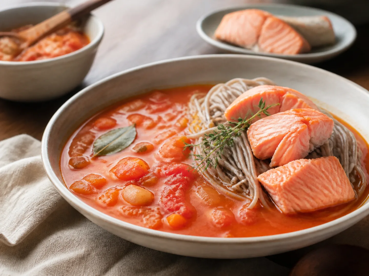 토마토채소스프와 연어소바찜